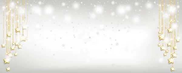 Carte Noël Avec Chute Neige Étoiles Dorées Sur Fond Lumineux — Image vectorielle