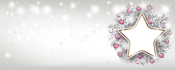 Carte Noël Avec Neige Boules Roses Horloge Cuivre Avec Date — Image vectorielle