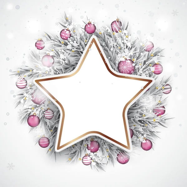 Weihnachtskarte Mit Schnee Rosa Kugeln Und Kupferstern Eps Vektordatei — Stockvektor