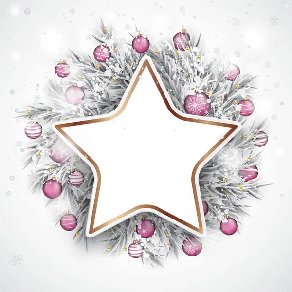 Kerstkaart Met Sneeuw Roze Kerstballen Koperen Star Eps Vector Bestand — Stockvector