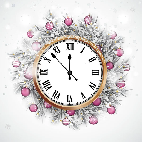 Weihnachtskarte Mit Schnee Rosa Kugeln Und Klassischer Uhr Eps Vektordatei — Stockvektor