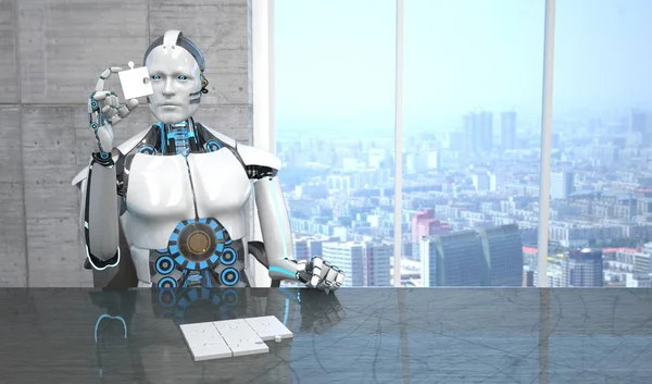 Vit Robot Som Sitter Vid Bordet Montering Ett Pussel Illustration — Stockfoto