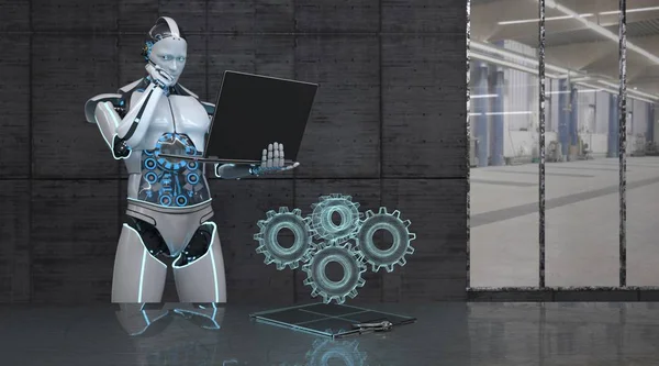Robot Humanoide Está Trabajando Desarrollo Una Caja Cambios Con Portátil —  Fotos de Stock