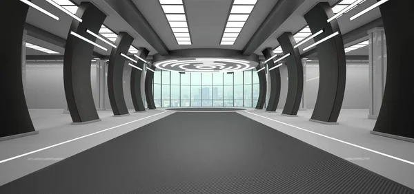 Futuristic room with a view of the city skyline. 3d illustration.