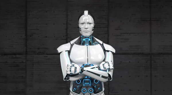 Hvit Robot Med Kryssede Hender Betongbakgrunn Illustrasjon – stockfoto
