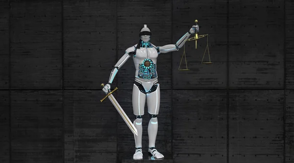 Robot Humanoïde Comme Justitia Avec Épée Échelle Faisceau Illustration — Photo