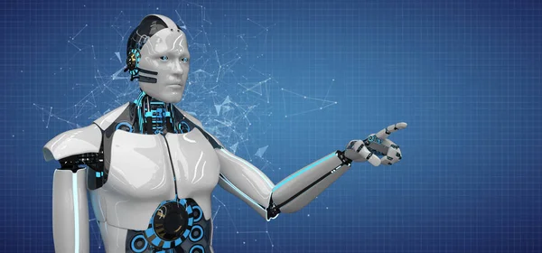 Ein Humanoider Roboter Klickt Auf Das Blaue Display Illustration — Stockfoto