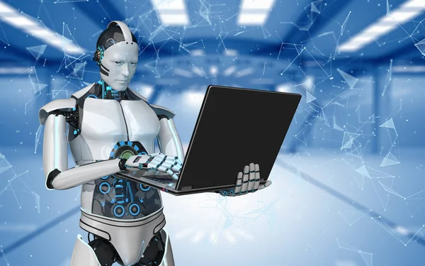 Witte Robot Met Een Laptop Een Futuristische Ruimte Illustratie — Stockfoto