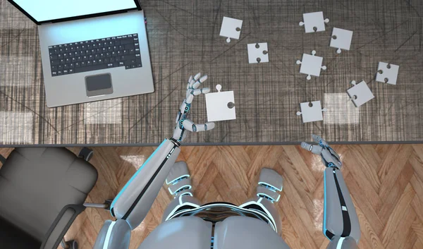Een Witte Robot Aan Tafel Samenstellen Van Een Puzzel Illustratie — Stockfoto