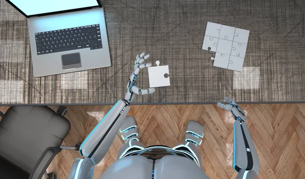 Een Witte Robot Aan Tafel Samenstellen Van Een Puzzel Illustratie — Stockfoto