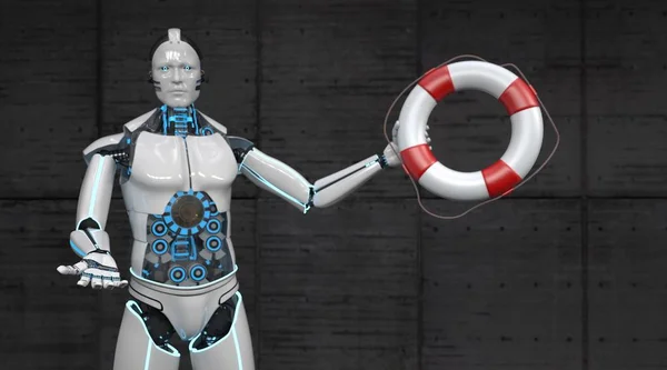 Vit Robot Som Hjälpare Nöd Med Liv Bälte Illustration — Stockfoto