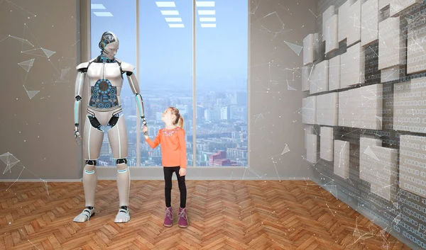 Robot Blanco Pie Habitación Cogido Mano Con Una Chica Ilustración — Foto de Stock