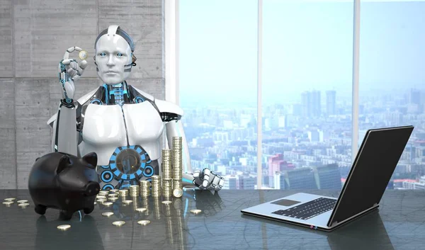 Robot Humanoide Con Las Monedas Euro Alcancía Portátil Mesa Ilustración — Foto de Stock