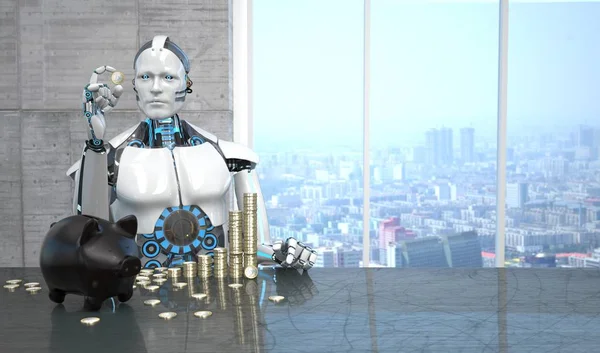 Humanoider Roboter Mit Euromünzen Und Sparschwein Auf Dem Tisch Illustration — Stockfoto