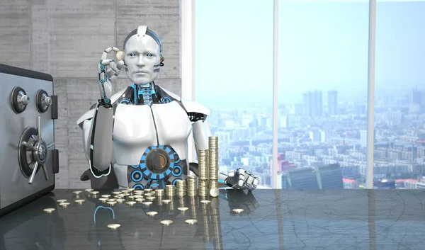 Humanoid Robot Med Euromynt Och Värdeskåp Bordet Illustration — Stockfoto