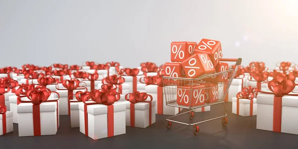 Cajas Regalo Blancas Con Carrito Compras Cubos Descuento Rojo Ilustración — Foto de Stock