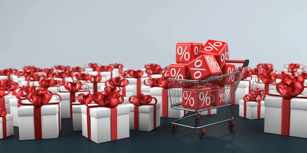 Weiße Geschenkboxen Mit Warenkorb Und Roten Rabattwürfeln Illustration — Stockfoto