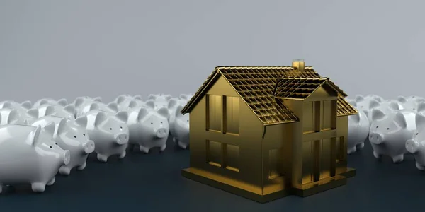 Golden Living Home White Piggy Banks Dark Table Illustration — Stock Photo, Image