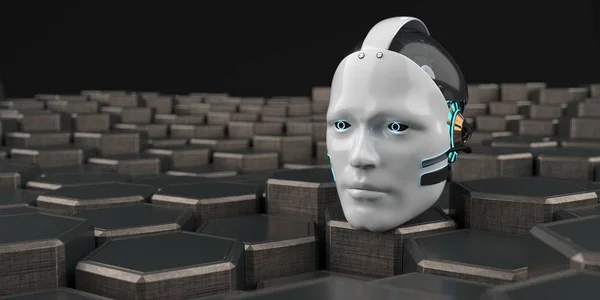 Humanoid robot head in a futuristic room.