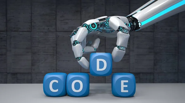 Uma Mão Robô Humanoide Com Cubos Texto Code Ilustração — Fotografia de Stock