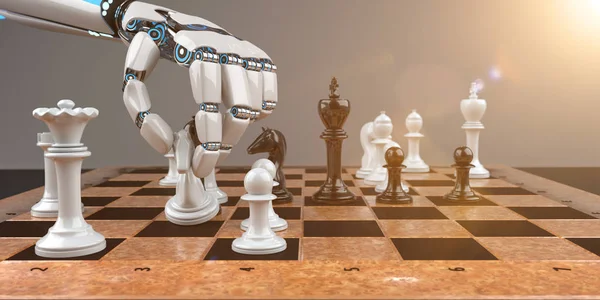 White humanoid robot hand with a chessboard on the table. 3d illustration.