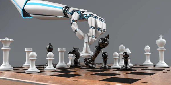 White humanoid robot hand with make a checkmate. 3d illustration.