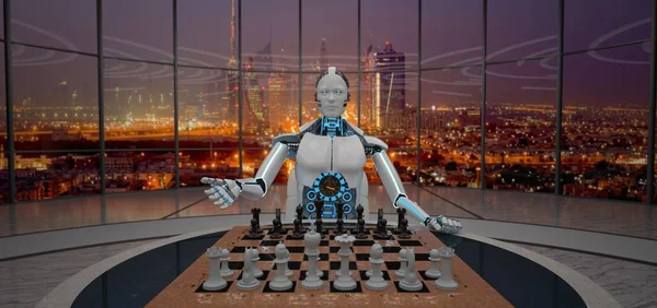Bílé Humanoidní Robot Šachovnici Stůl Moderní Místnosti Obrázek — Stock fotografie
