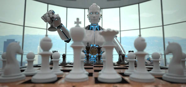 Humanoid Robot Med Schackbrädet Rummet Illustration — Stockfoto