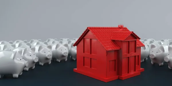 Uma Casa Com Bancos Porquinhos Brancos Mesa Escura Ilustração — Fotografia de Stock