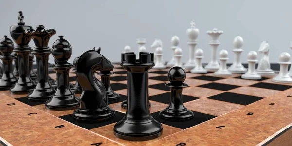 Ett Trä Schackbräde Med Vita Och Svarta Siffror Illustration — Stockfoto