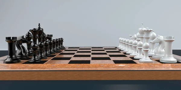 Ξύλινη Σκακιέρα Λευκά Και Μαύρα Στοιχεία Απεικόνιση — Φωτογραφία Αρχείου