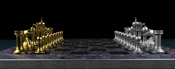 A modern chessboard with silver and golden chess pieces. 3d illustration.