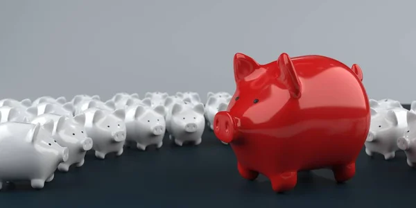 Banco Piggy Vermelho Com Pequenos Bancos Piggy Brancos Uma Mesa — Fotografia de Stock