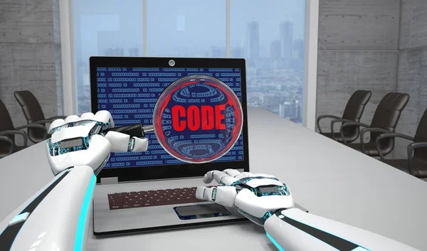 Humanoide Roboterhände Mit Lupe Und Notizbuch Mit Dem Textcode Illustration — Stockfoto