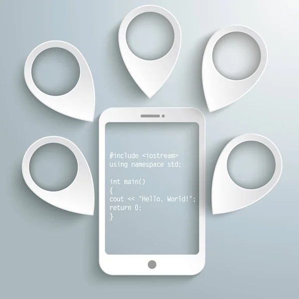 白色指针与智能手机与在灰色背景上的代码 — 图库矢量图片