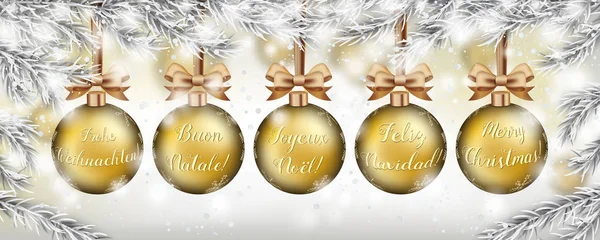 Golden Karácsony Golyó Nyelven Boldog Karácsonyt Üdvözlőlap — Stock Vector