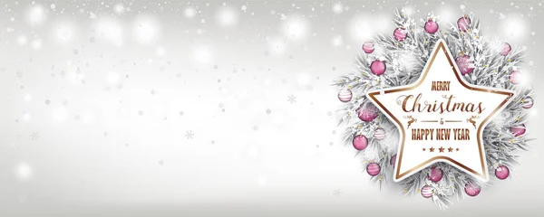 Bannière Noël Avec Brindilles Congelées Étoile Papier Avec Texte Joyeux — Image vectorielle