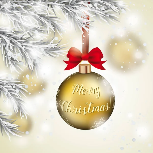 Zlatý Vánoční Cetka Zlatá Stuha Smyčky Visí Zasněžené Vánoční Stromeček — Stockový vektor