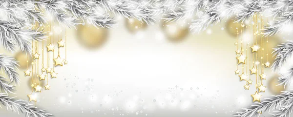 Estrellas Doradas Navidad Nieve Ramitas Abeto Congeladas — Vector de stock