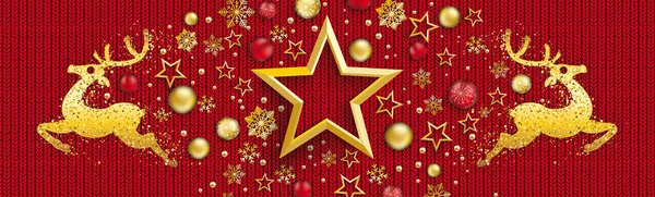 Bannière Noël Avec Boules Rouges Dorées Rennes Étoiles Sur Texture — Image vectorielle