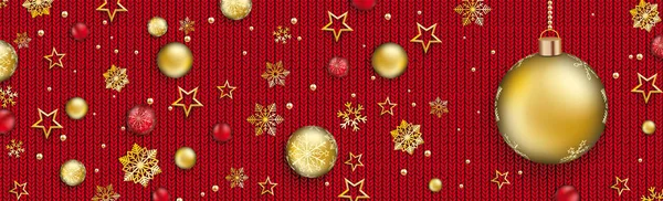 Рождественское Знамя Красными Золотыми Безделушками Снежинками Звездами Красной Вязаной Текстуре — стоковый вектор