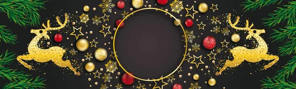 Karácsonyi Banner Arany Baubles Rénszarvasok Csillag Sötét Háttér — Stock Vector