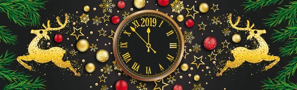 Bannière Noël Avec Boules Étoiles Rennes Brindilles Horloge Avec Date — Image vectorielle