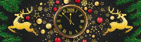 Banner Navideño Con Adornos Estrellas Renos Ramitas Reloj Con Fecha — Archivo Imágenes Vectoriales