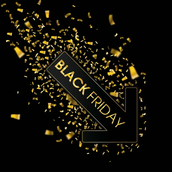 Zwart Papier Pijl Met Gouden Confetti Voor Black Friday Koop — Stockvector
