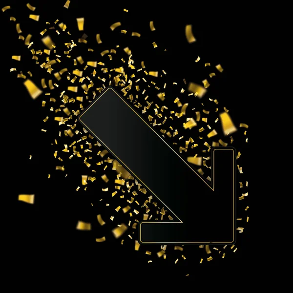 Flecha Papel Negro Con Confeti Dorado Sobre Fondo Negro — Archivo Imágenes Vectoriales