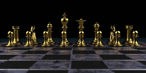 A modern chessboard with golden chess pieces. 3d illustration.