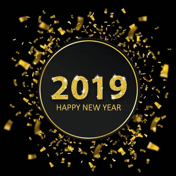 Zwart Papier Cirkel Met Gouden Confetti Tekst 2019 Happy New — Stockvector