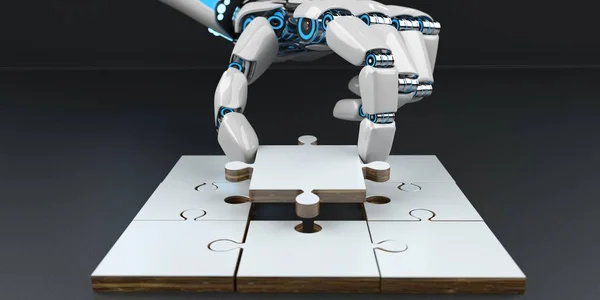 Bílá Robot Ruku Sestavování Puzzle Obrázek — Stock fotografie