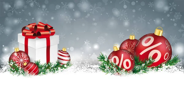 Illustrazione Vettoriale Del Biglietto Natale Grigio Con Regalo Natale Bagattelle — Vettoriale Stock